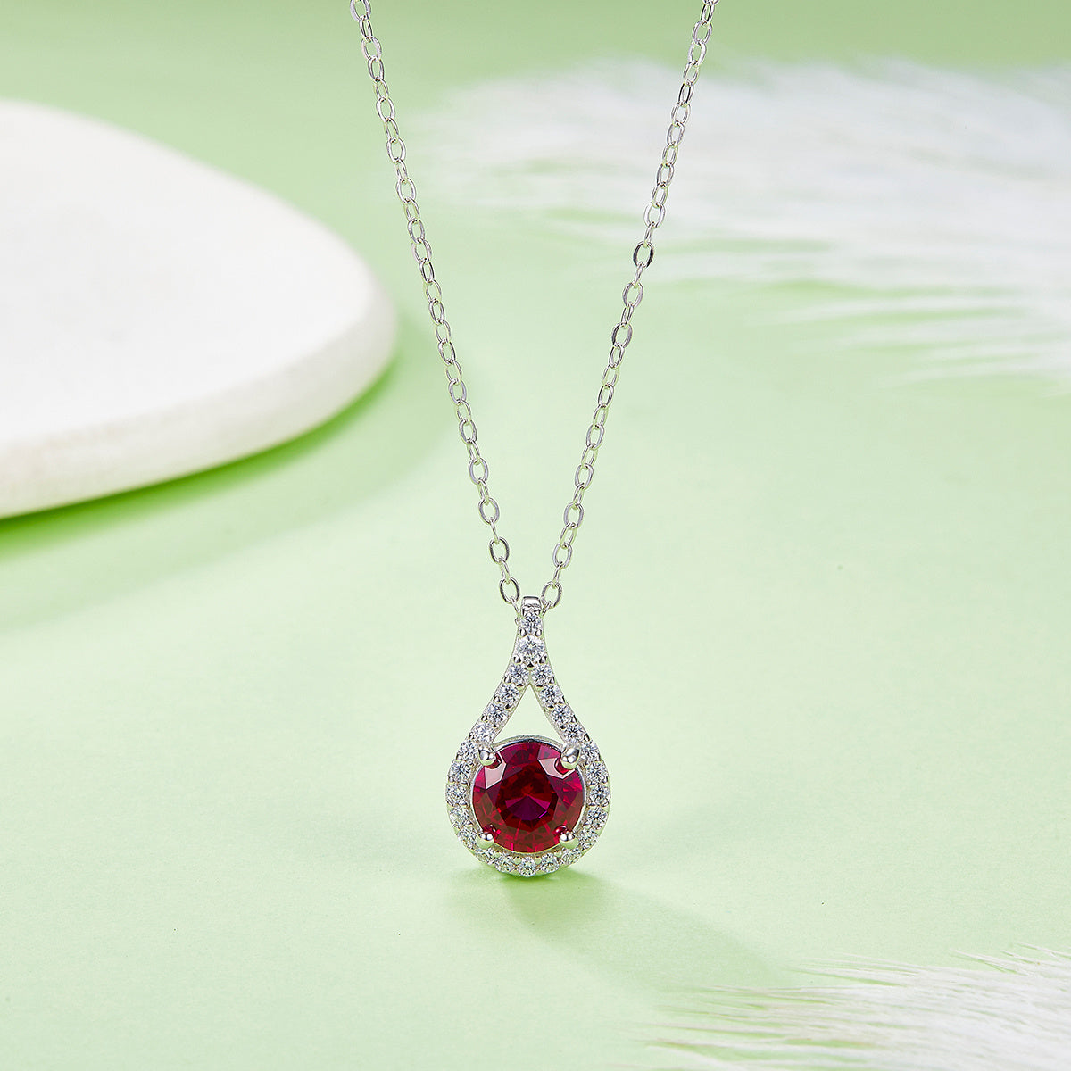 S925 Sterling Silver Teardrop Halo Necklace, 1ct Moissanite & Lab-Grown Ruby&Emerald, Platinum Plated Pendant With GRA Certificate Gift Box