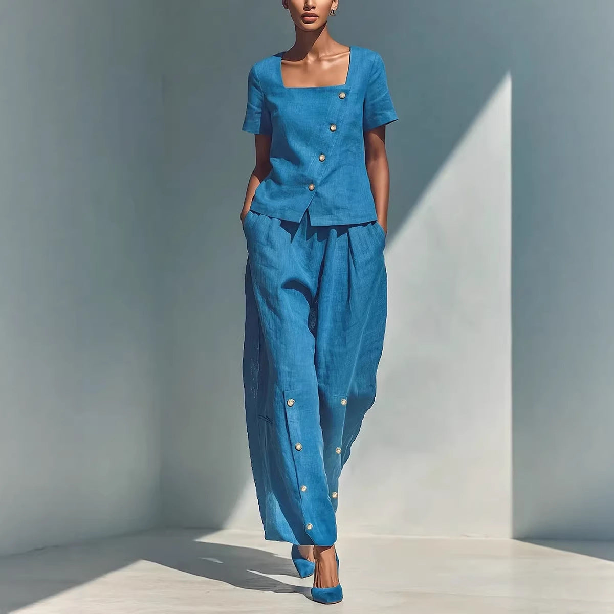 Women's Loose Short-Sleeve Top & High-Waist Pants Set – Plus Size Friendly