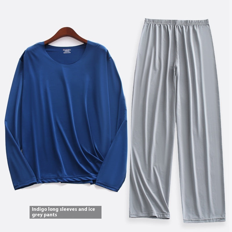 Spring Summer Ultra-thin Men's Long-sleeved Cropped Trousers Pajamas Suit