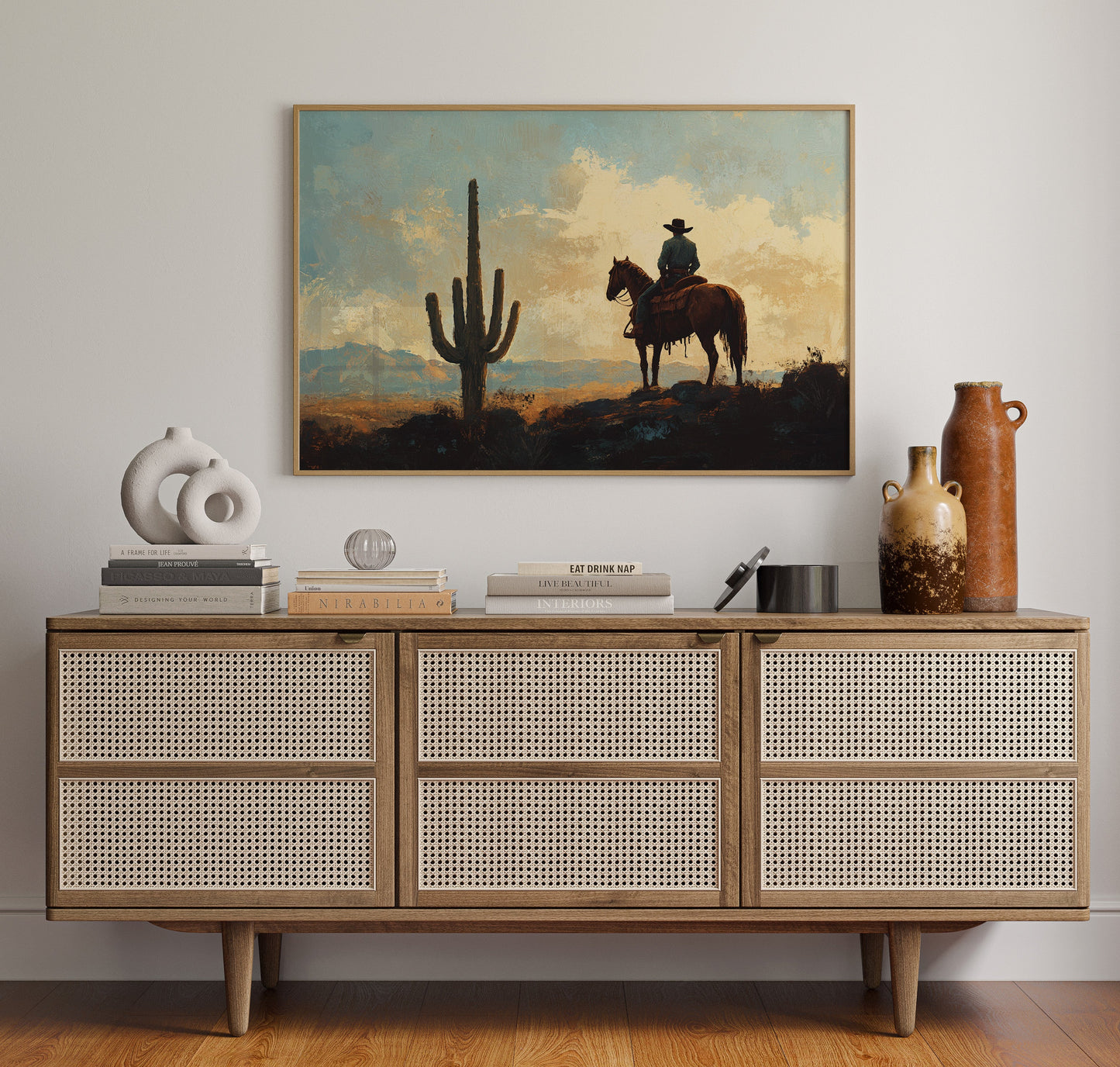 Cowboy-Sonnenuntergang bei den Saguaros