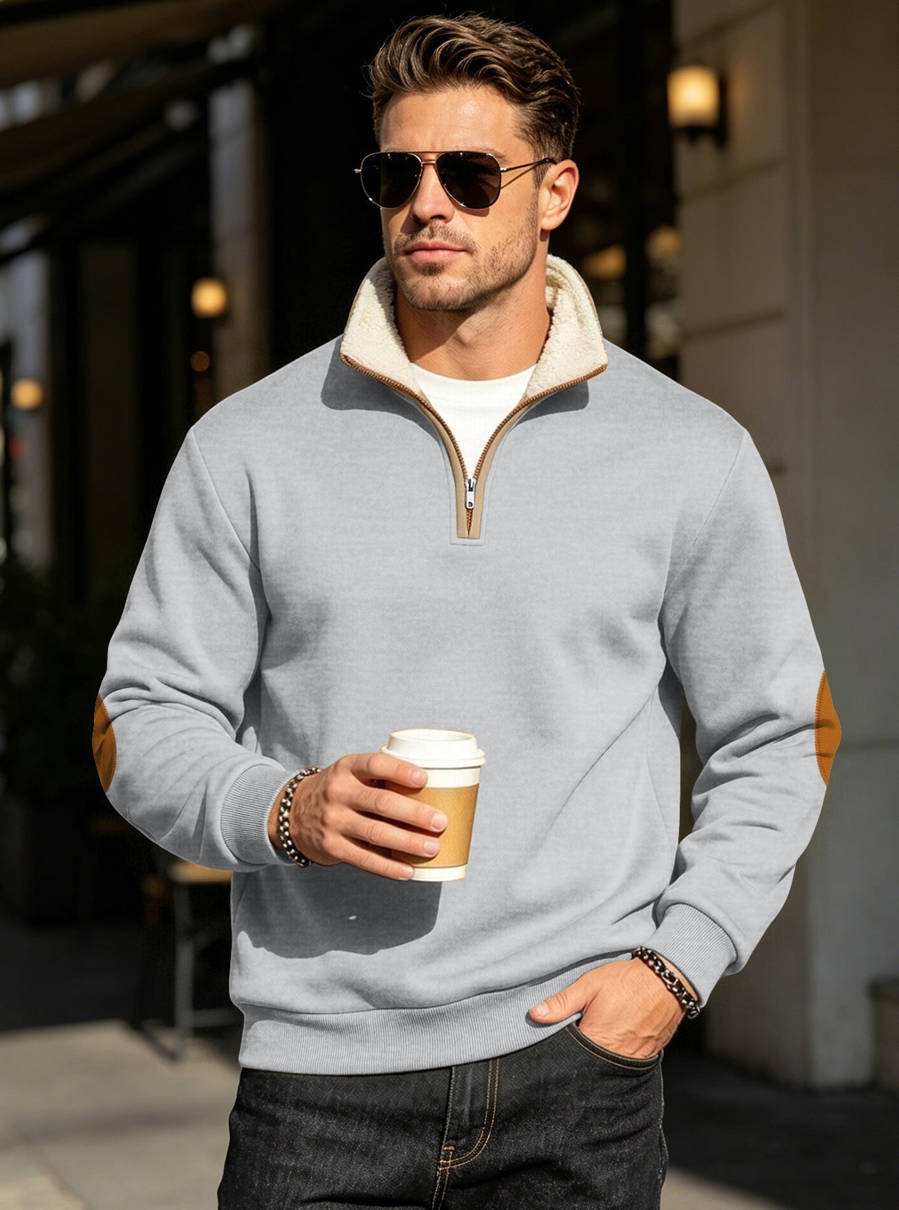 Retro Patchwork Embroidered Half-Placket Mens Long-Sleeve Sweatshirt