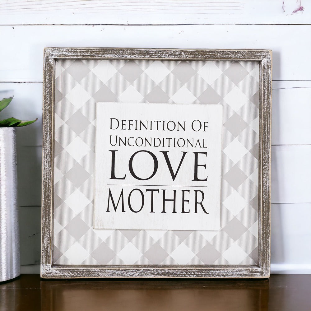 Cadre en Bois Amour Inconditionnel 30x30 cm Style Rustique Décoration Murale Définition Cadeau Fête des Mères pour Maman