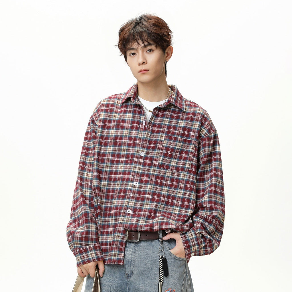 Mens American-Style Retro Color-Block Plaid Long-Sleeve Shirt