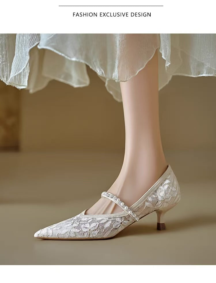 2026 New Fashion Mesh Strap Women's Mary Jane Shoes, Low Cut Pointed Toe Wedding Shoes, Thin High Heels Matching Dresses