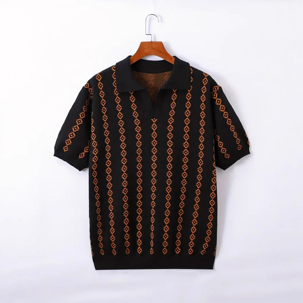 Men's Knitted Striped Polo Shirt Lapel Half Sleeve Jacquard T-shirt