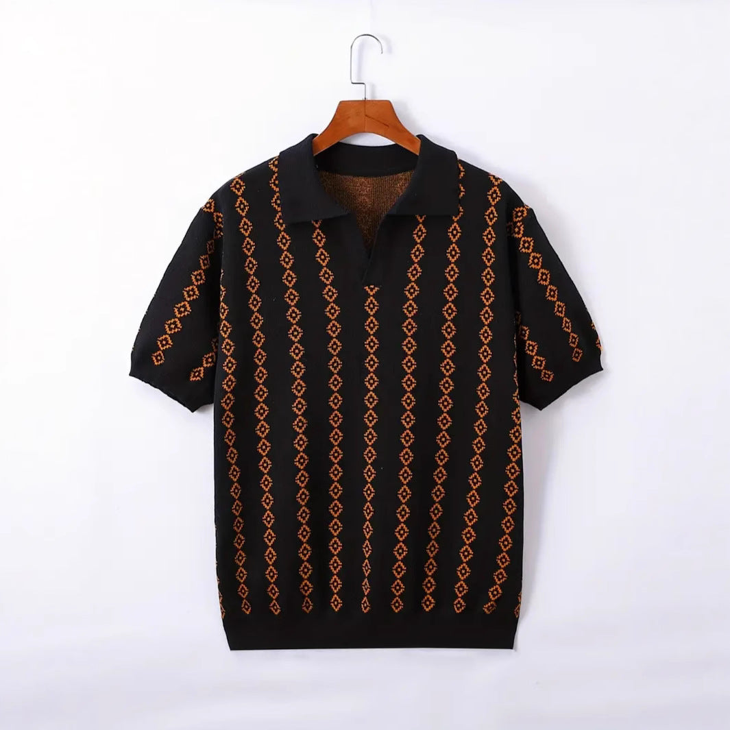 Men's Knitted Striped Polo Shirt Lapel Half Sleeve Jacquard T-shirt