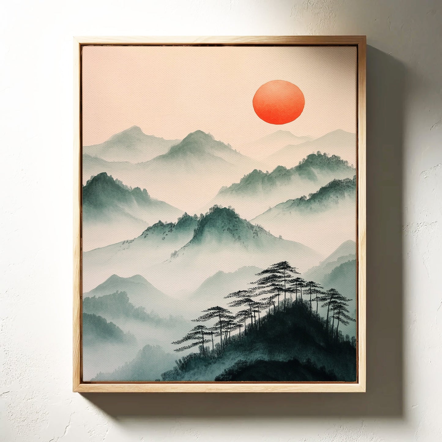 Nebelgebirgs-Sonnenaufgang – Ruhiger, asiatisch inspirierter Landschaftsdruck