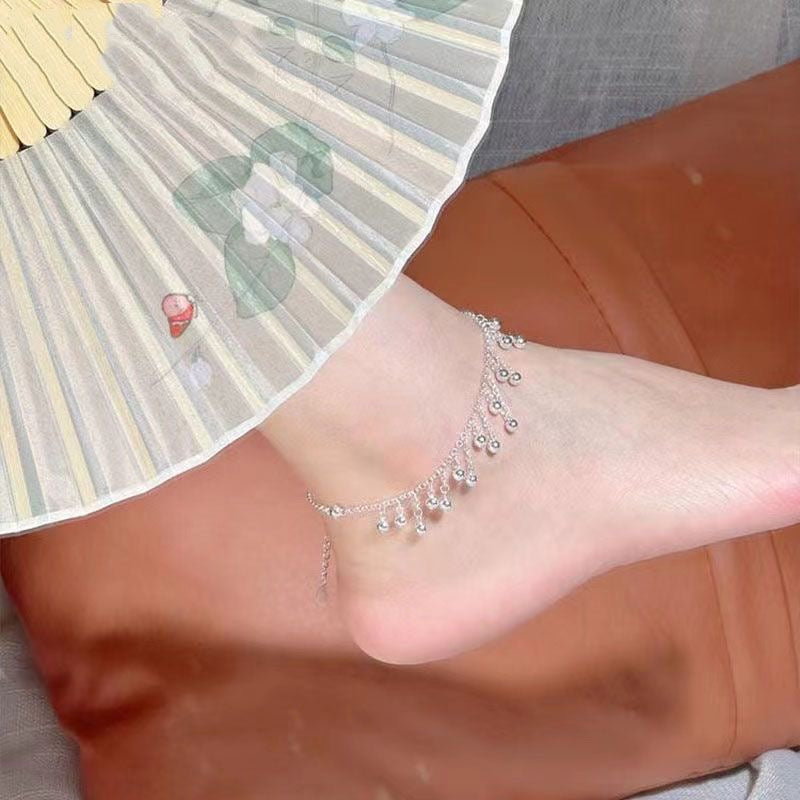 1pcs 999 Sterling Silver Multi Bead Tassel Adjustable Anklet, Elegant Minimalist Style, For Summer Beach Daily Wear & Women Holiday Gifts