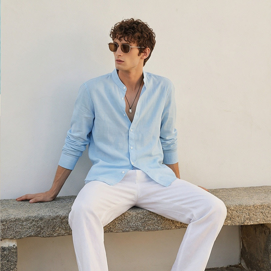 Italian Neapolitan Luxury Pure Natural Linen Mens Long Sleeve Shirt