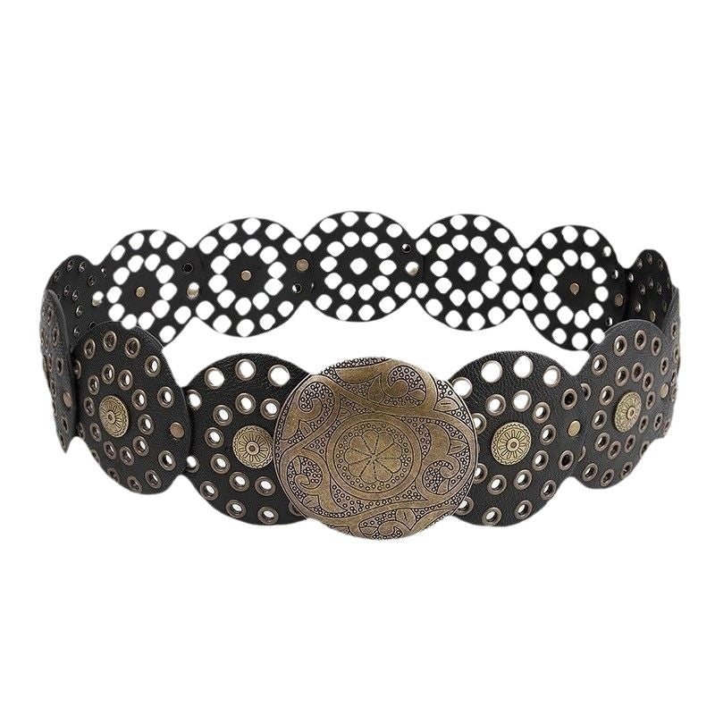Disc Hook Leather Retro Rivet Alloy Belt Wide Belt