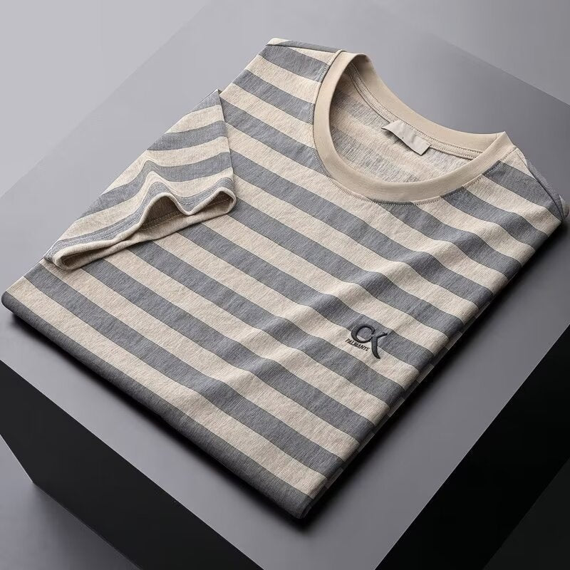 Striped Ice Silk Linen-like Short Sleeve Men's Slim Fit