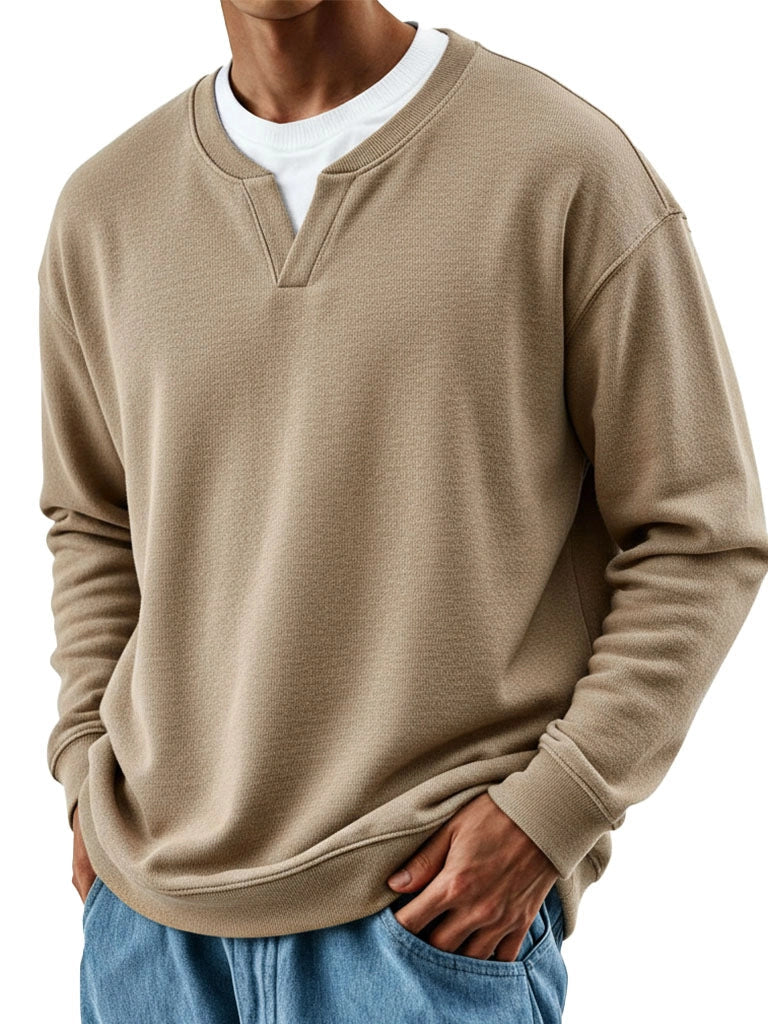 Mens Patchwork Mock Two-Piece Crew-Neck Long-Sleeve Top