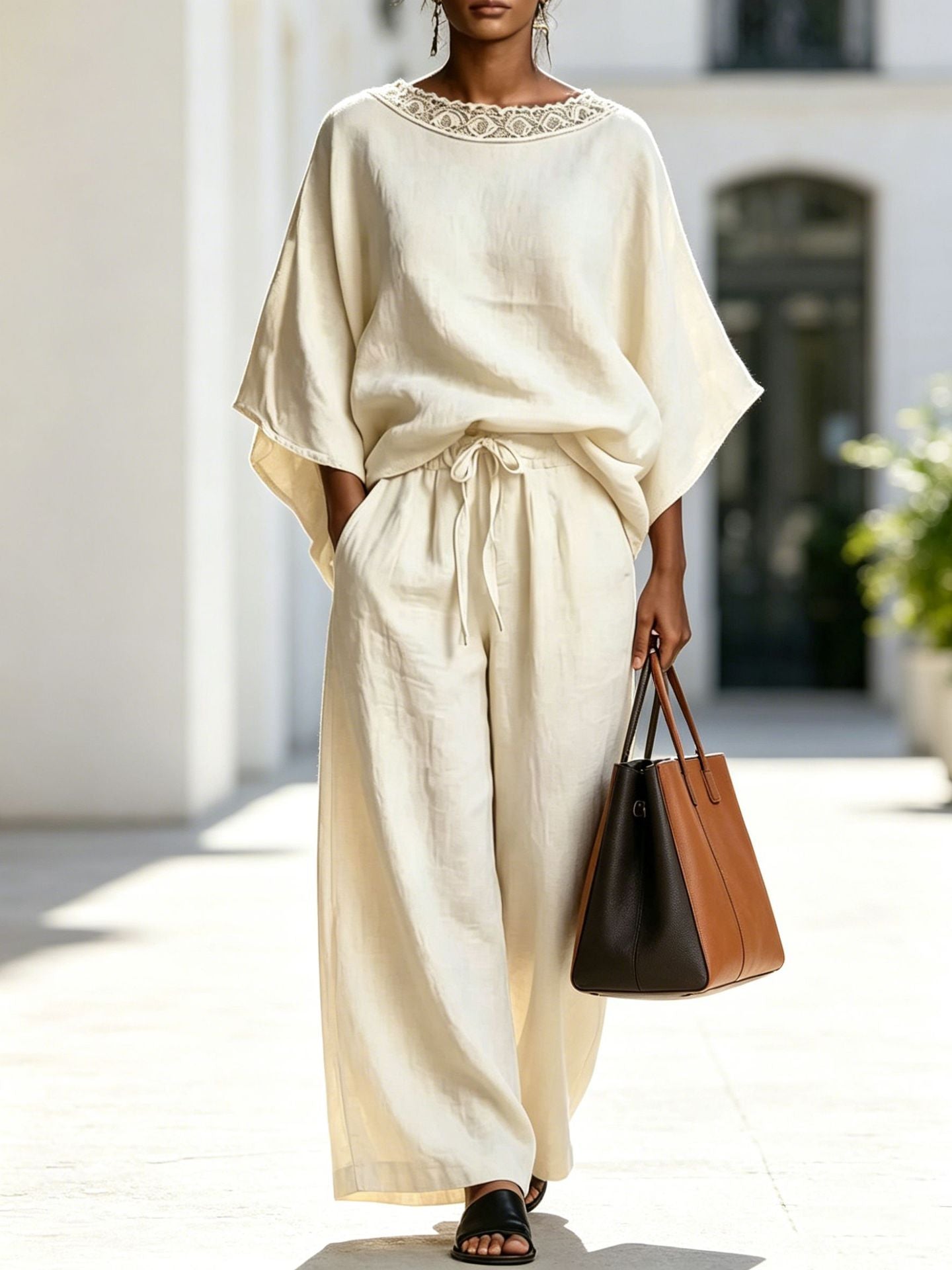 Women's Lace Trim Batwing Top & Wide-Leg Pants Two-Piece Set