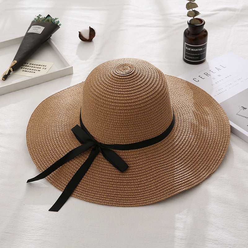 Summer Cap Black Ribbon Decorate Wavy Straw Hat For Girls Hat Kids Sun Cap Baby Beach Hats for Girls