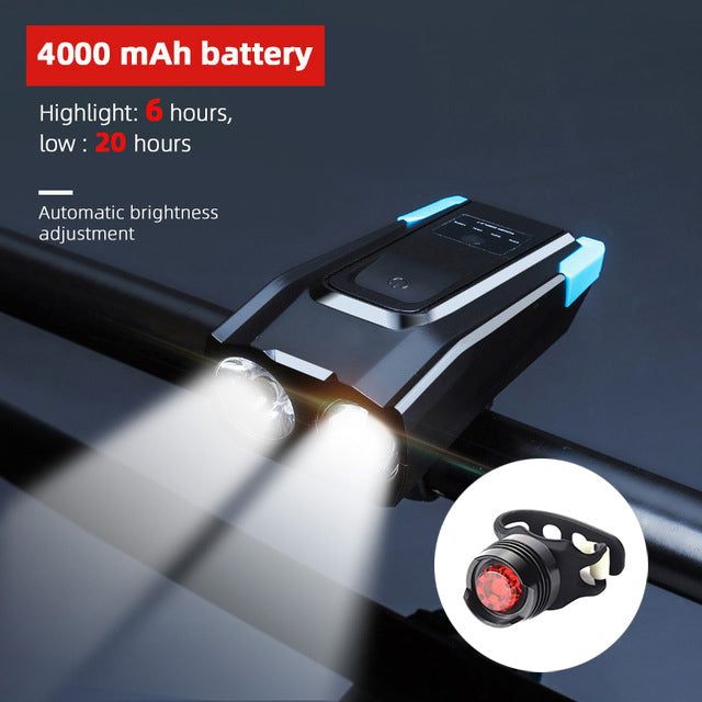 Bicycle Front Light USB Rechargeable Smart Headlight With Horn LED Bike Lamp Headlight Waterproof Bicycle Light With Horn Speaker Touch Switch USB Power Display 4000mAh
