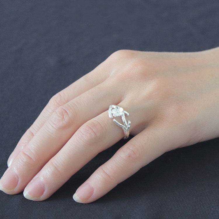 S925 Sterling Silver Open-ring Delicate Flower And Branch Plain Silver Ring