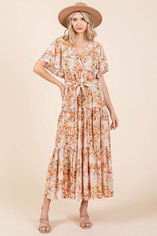 New Summer Floral Tie Waist Flutter Sleeve Tiered Dress – Graceful and Feminine Dress with Bohemian Charm and Flattering Tie Waist