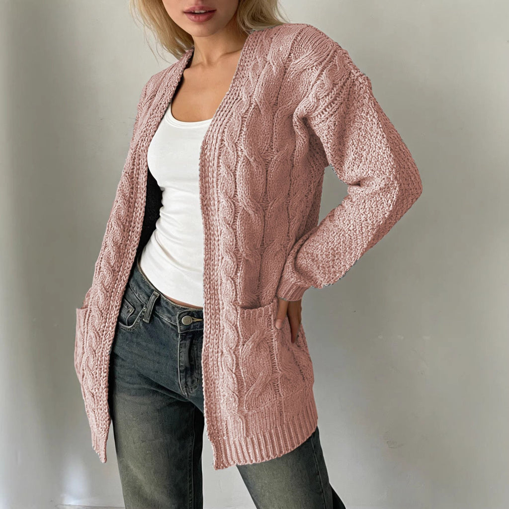 Solid-color Cable-knit Pocket Jacket For Women