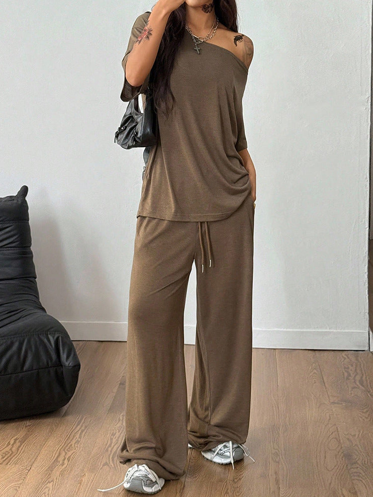 Casual 2 Pieces Set For Woman Two Piece Outfits Blusas T Shirt Tees Simple Style Homewear Loose Solid Color