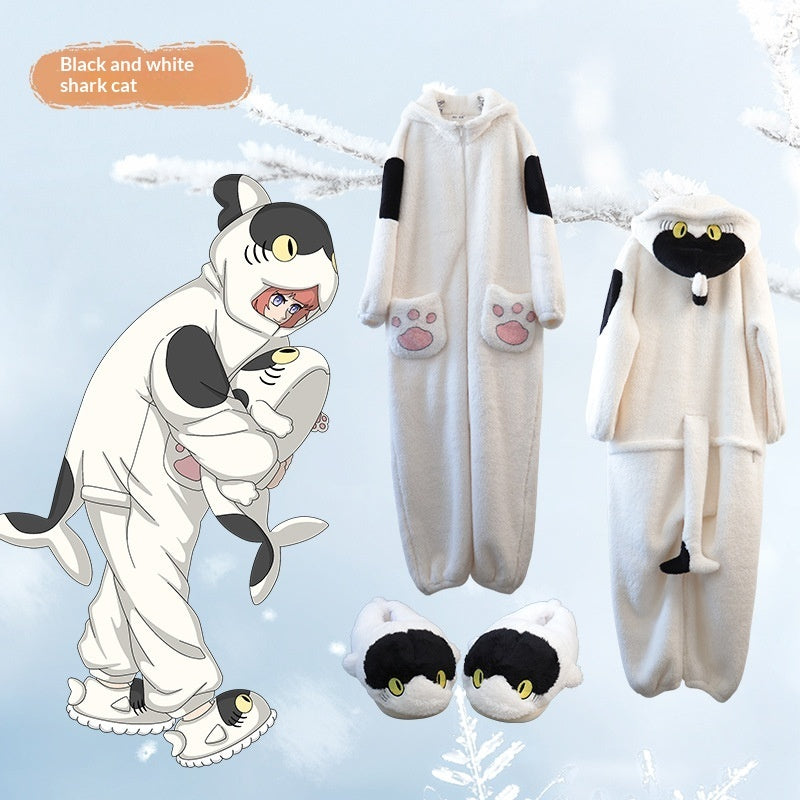 Anime Cartoon Funny Shark And Cat Onesie Pajamas Cute Cozy Loungewear Set