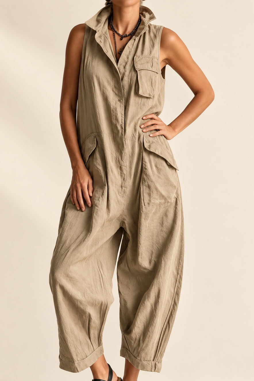 Women's Cotton Sleeveless Cargo Jumpsuit – Wide Leg Multi-Pocket