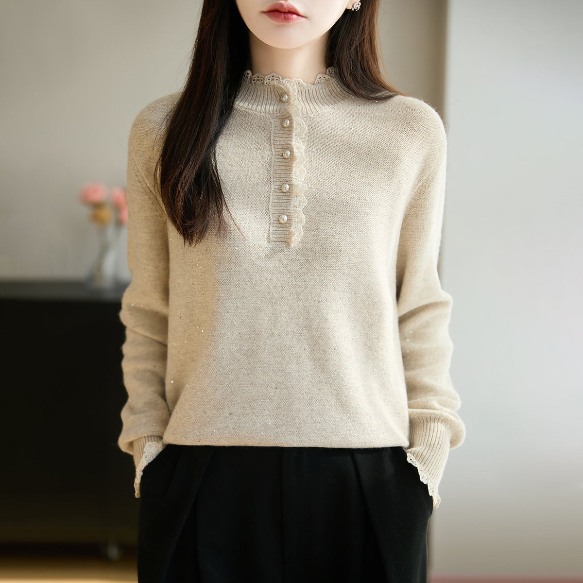Womens Lace Mock Neck Base Layer Top