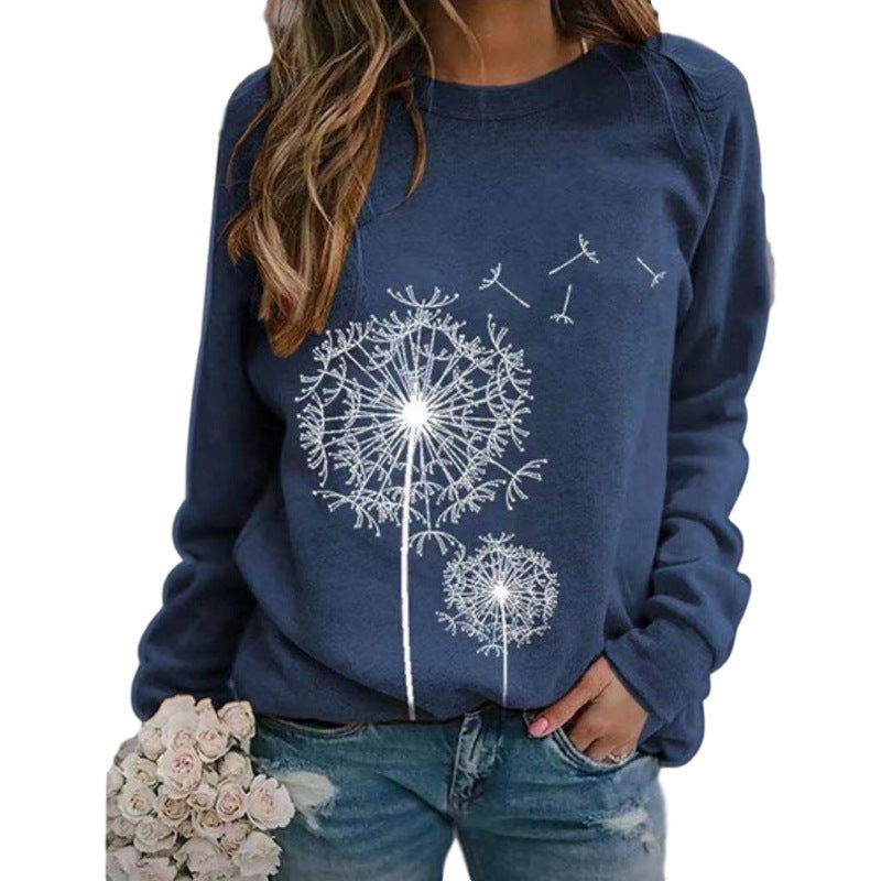 Womens Dandelion-Print Crew-Neck Long-Sleeve Loose Casual Sweatshirt