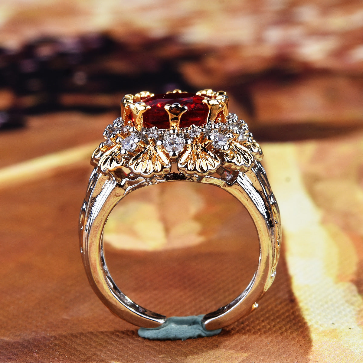 Vintage Two Tone Floral Prong Adjustable Open Ring For Women, Square Cut Scarlet Tone Simulated Zirconia Full Micro Pave Rhinestone Light Luxury Party Statement Finger Jewelry