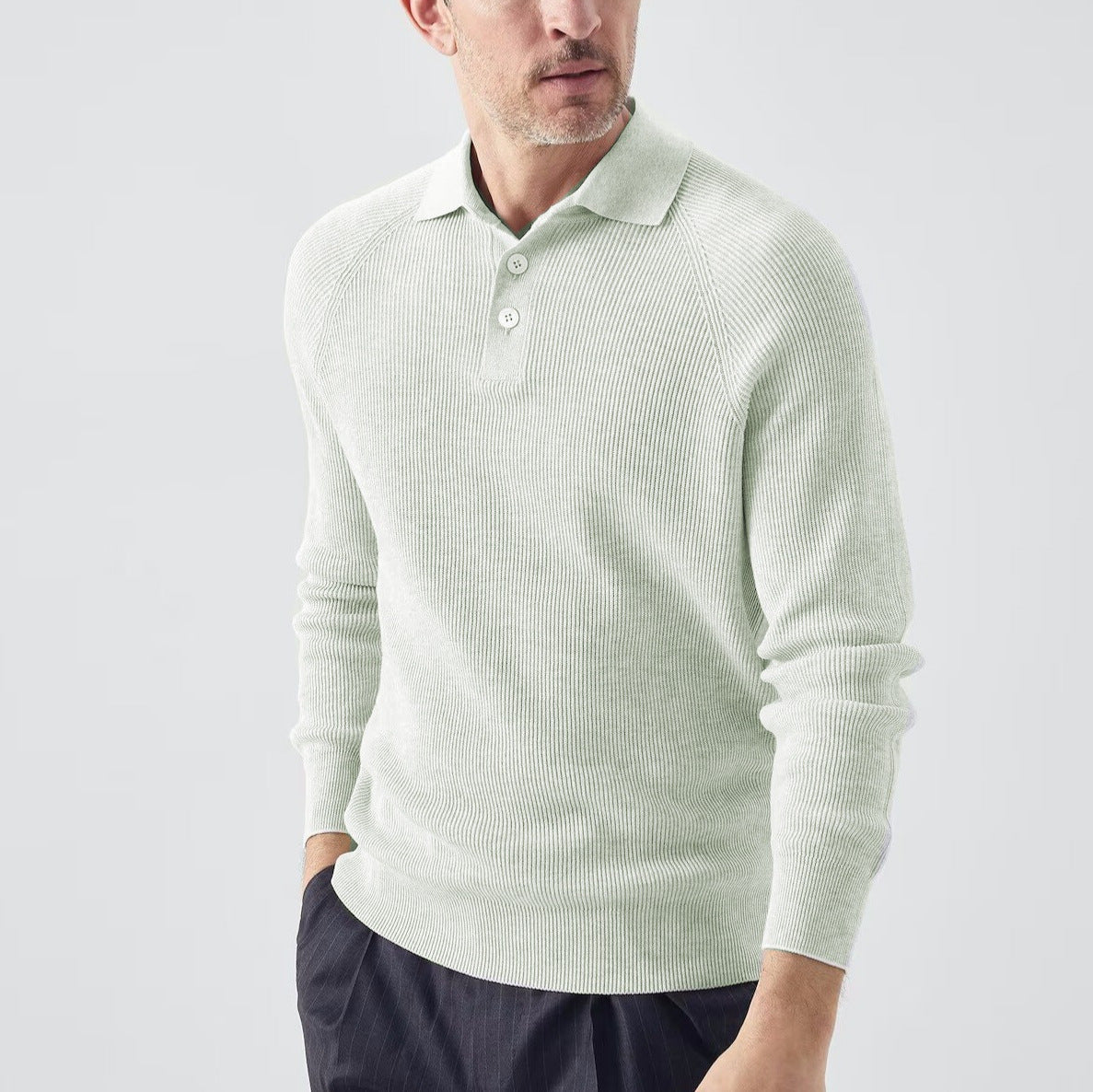 Mens Solid-Color Lapel Long-Sleeve Sweater Top