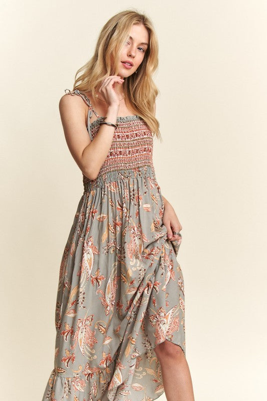 Smocked Printed Square Neck Tie Shoulder Cami Dress For Women – Trendy Smocked Cami Dress with Square Neckline, Tie Shoulders, and Playful Print for a Chic Summer Look