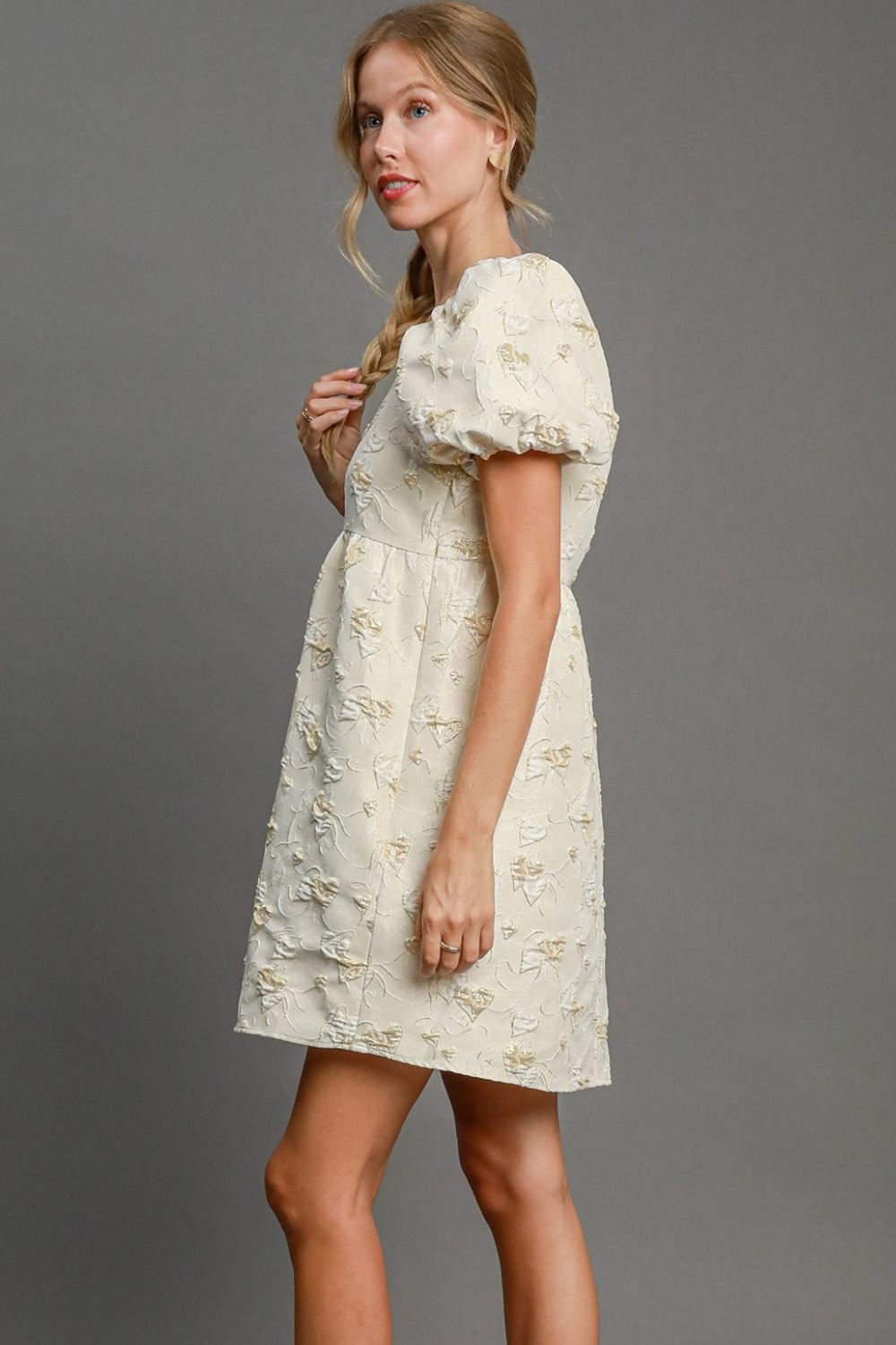 Heart Jacquard Square Neck Puff Sleeve Mini Dress – Romantic Heart Jacquard Dress, Puff Sleeve Dress, Square Neck Mini Dress, Chic Date Night Dress, Elegant Puff Sleeve Dress