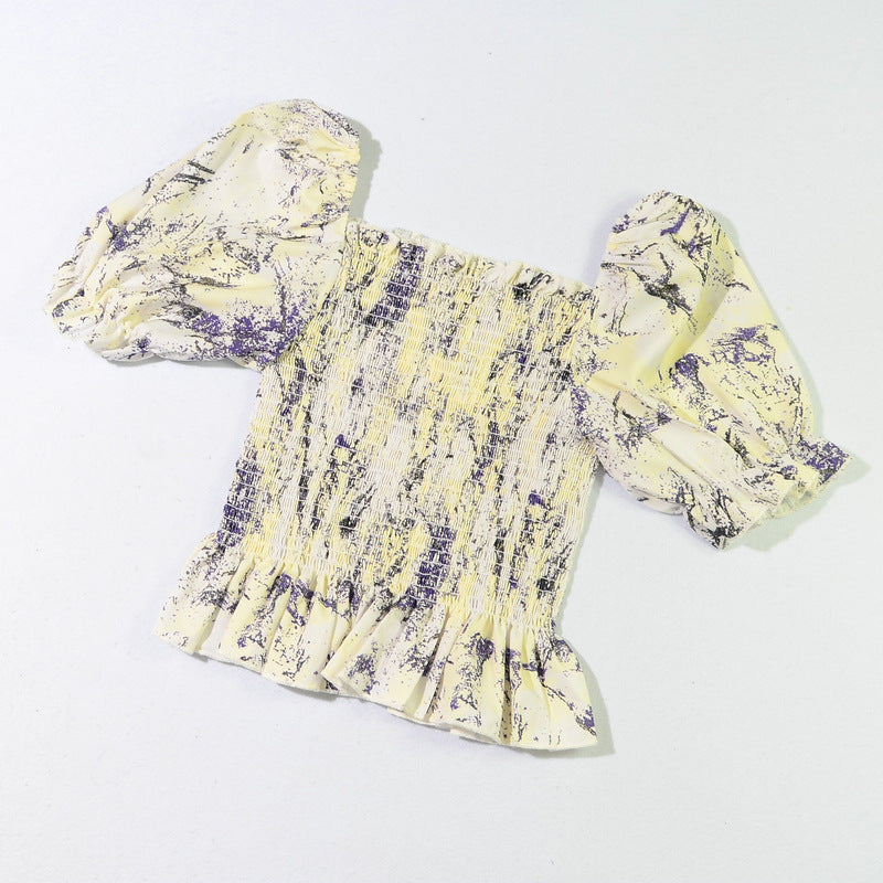 Slim Blouse French Style Tops Leaves Flower Print  Shirt women Elastic Body women's clothing official
