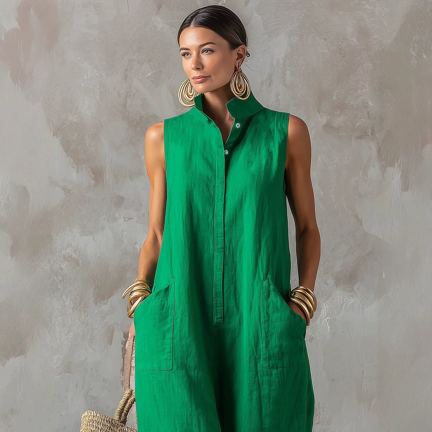 Linen Blend Sleeveless Stand-Collar Jumpsuit – 5 Colors S–3XL