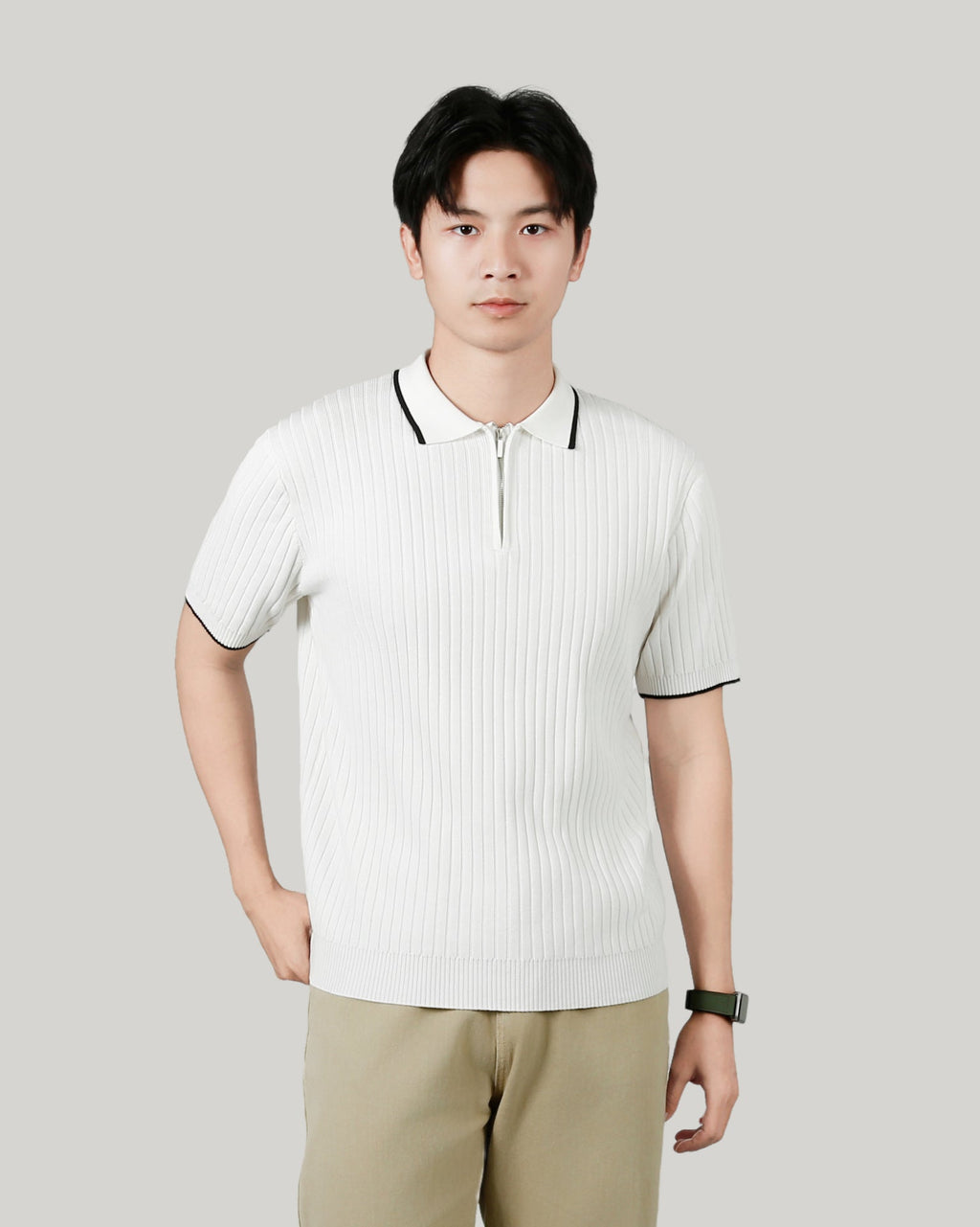 Men's Half-zip Ice Silk Knitted Lapel Vertical Striped Top