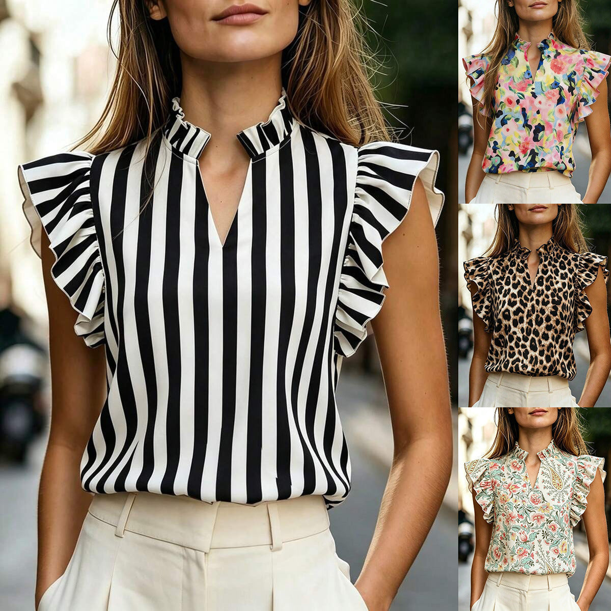 Women's Retro Ruffle-Trim Printed Sleeveless Top