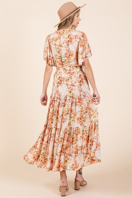 New Summer Floral Tie Waist Flutter Sleeve Tiered Dress – Graceful and Feminine Dress with Bohemian Charm and Flattering Tie Waist