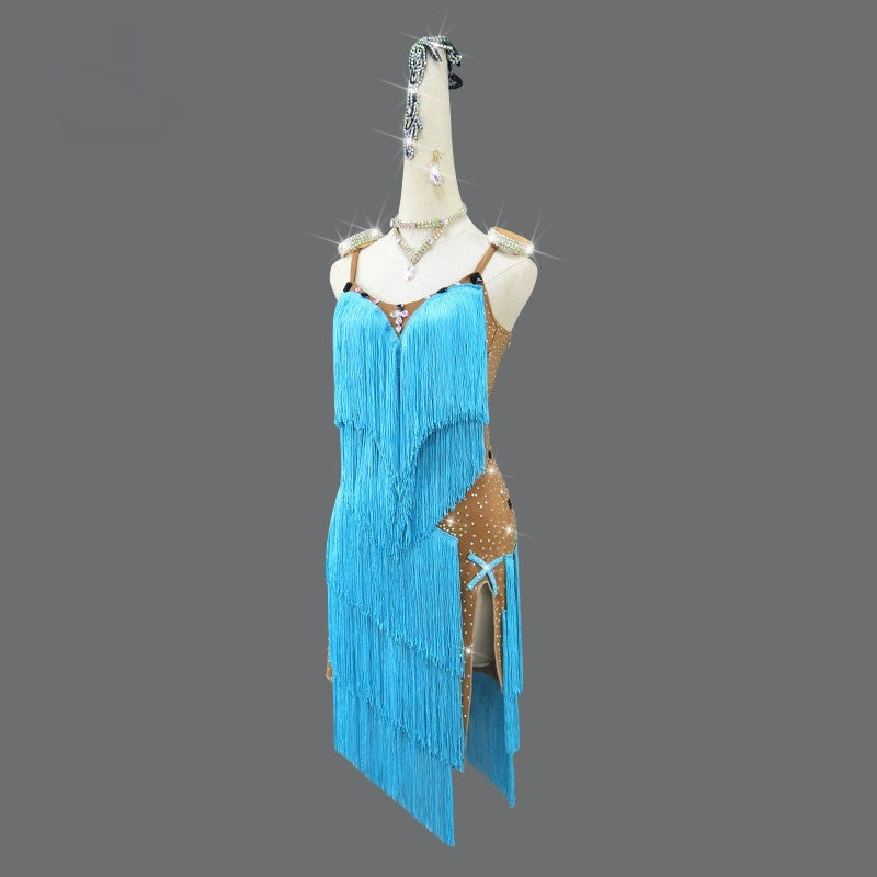 High-End Fringed Dress For Professional Latin Dance Competitions In Blue