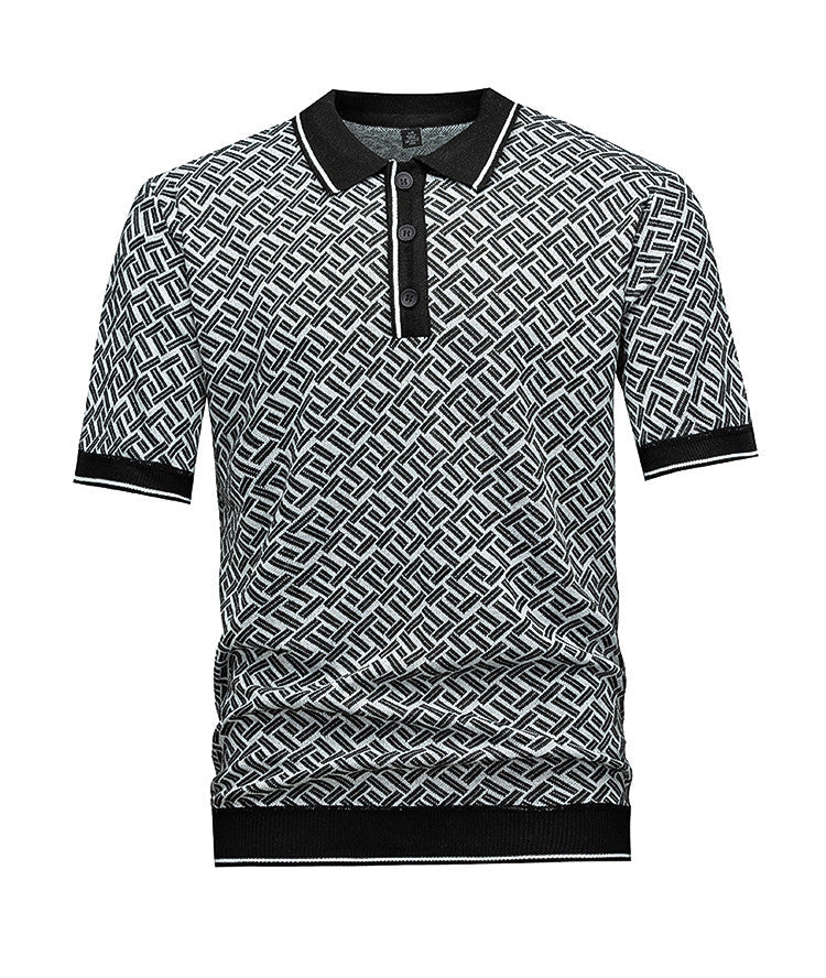 Men's Short Sleeve Knit Polo Shirt, Geometric Interwoven Pattern, Smart Casual, Black & Grey