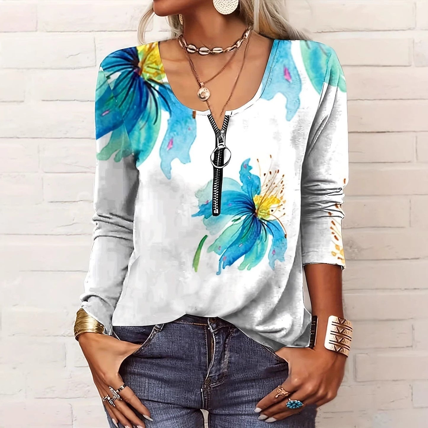 Womens Long-sleeve Printed T-shirt With A Zipper