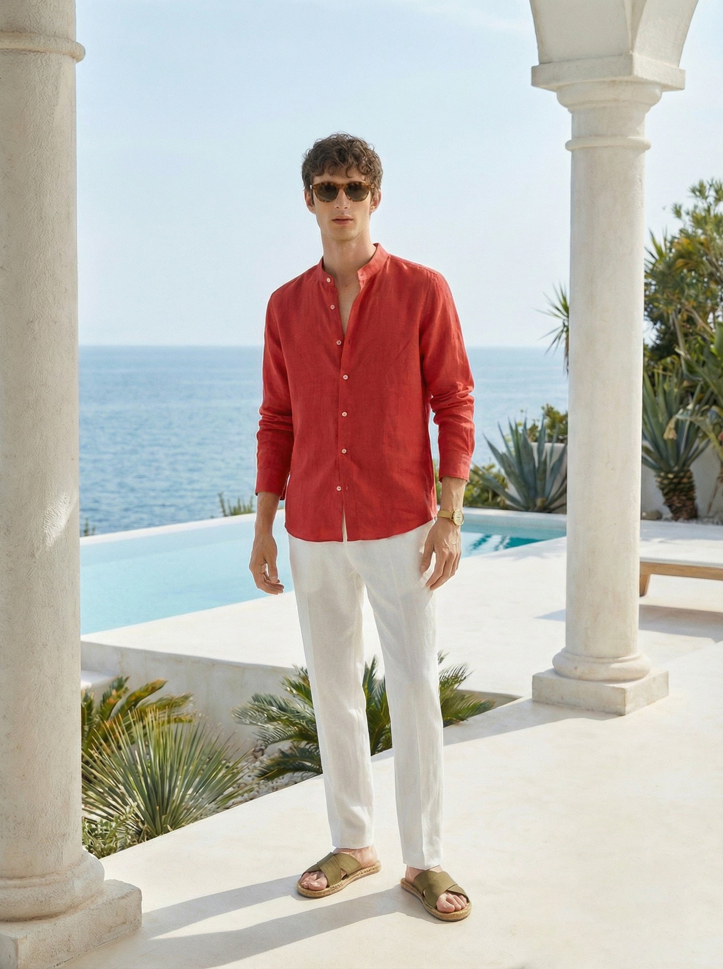 Italian Neapolitan Luxury Pure Natural Linen Mens Long Sleeve Shirt