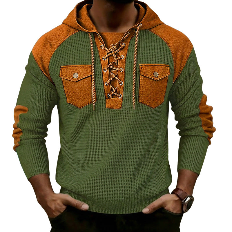 Mens Waffle-Weave Hooded Long-Sleeve Sweatshirt