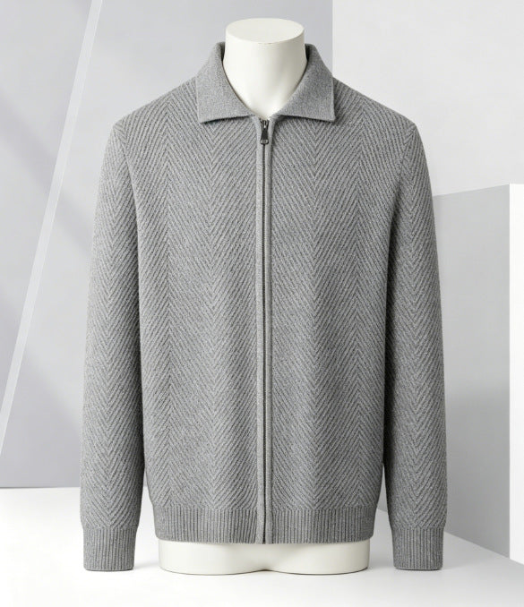 Solid-color Cardigan Zip-up Mens Jacket