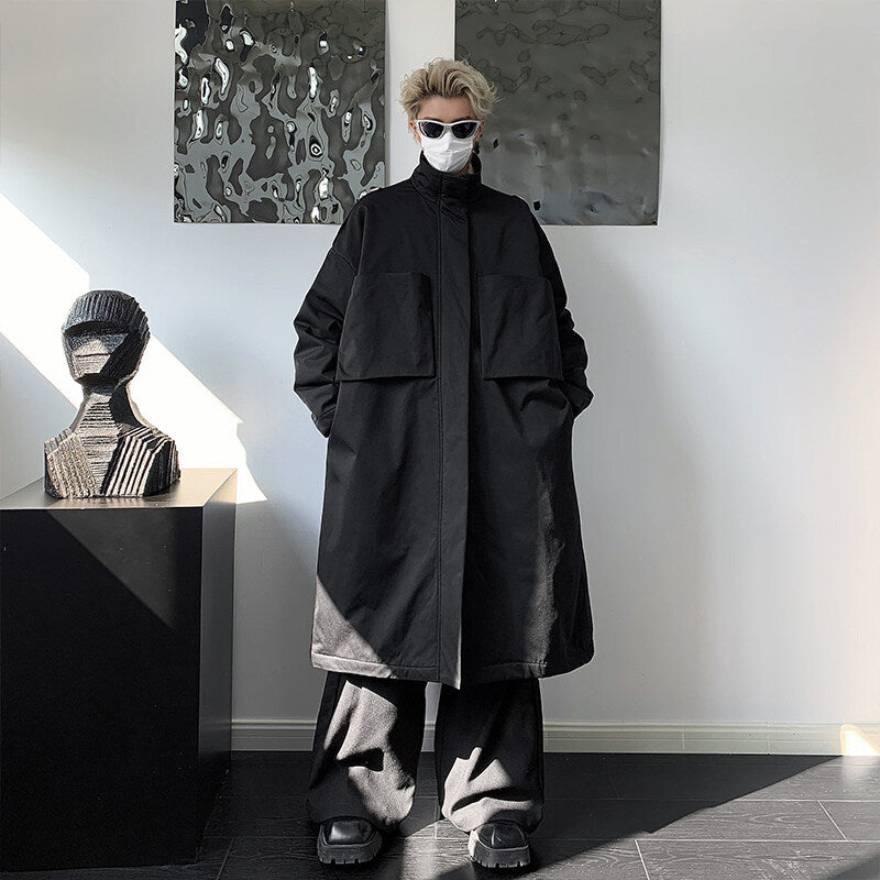 Mens Long Below-the-knee Cotton-padded Coat Yohji Yamamoto Style