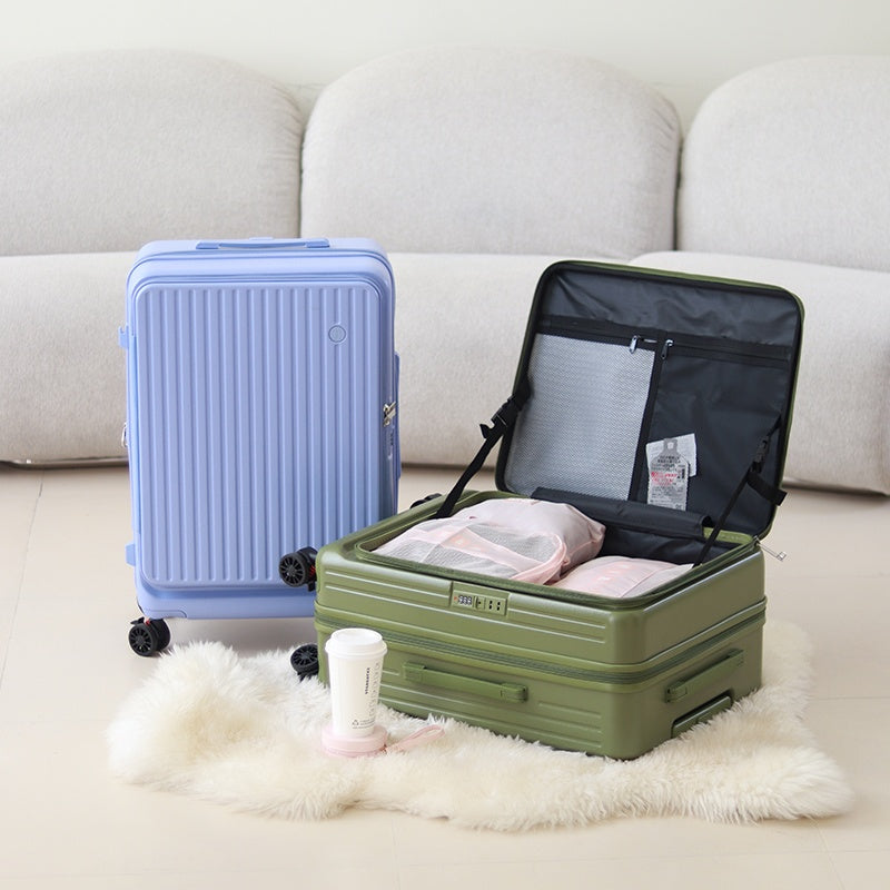 Front Opening Expandable Carry On Luggage, Large And Medium Sized Cabin Bag, Made Of Alloy Material, TSA Lock, USB Charging Port, Foldable Cup Holder