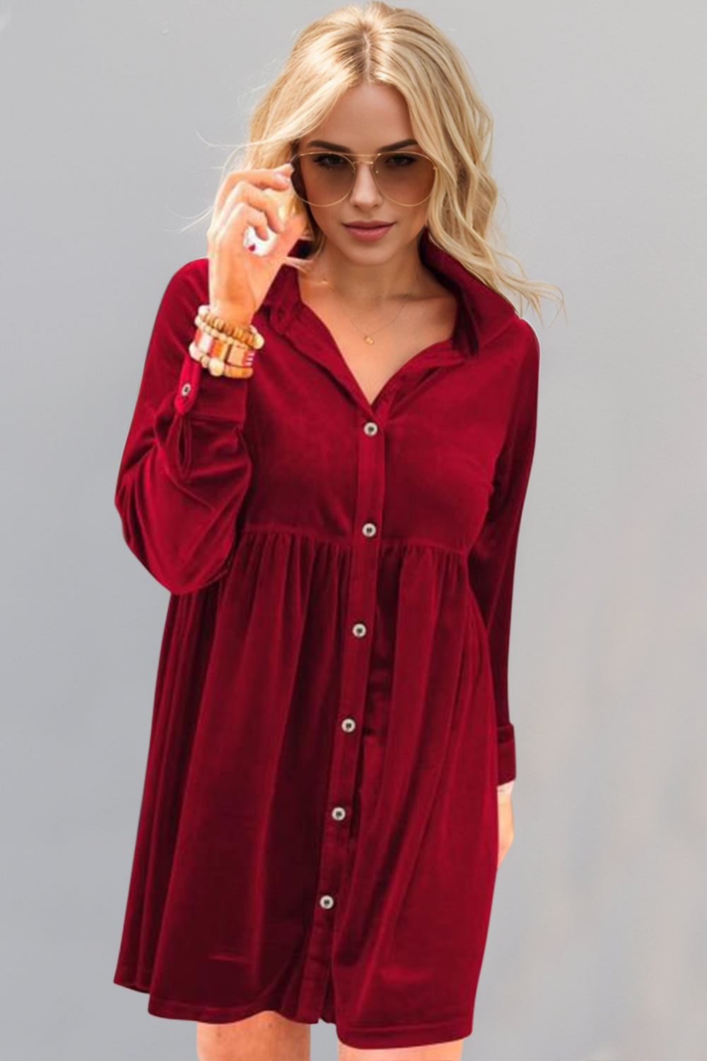 Deep Red Full Size Collared Neck Long Sleeve Mini Dress Classic & Stylish Women Dress