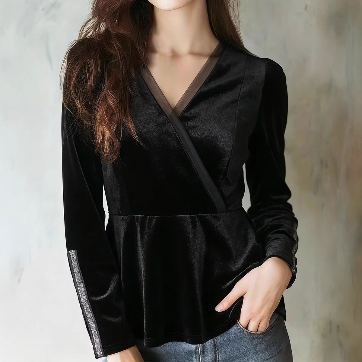 Black V-neck Figure-hugging Cinched-waist Velvet Top With Long Sleeves For Women