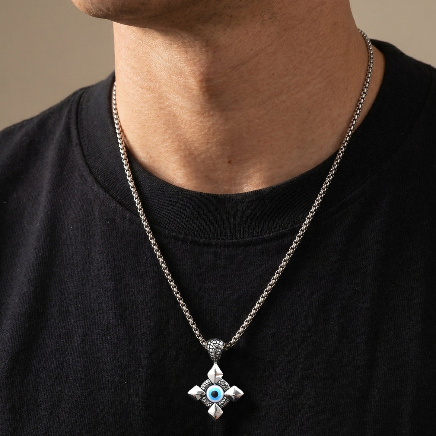 Stainless Steel Devils Eye Cross Pendant Necklace