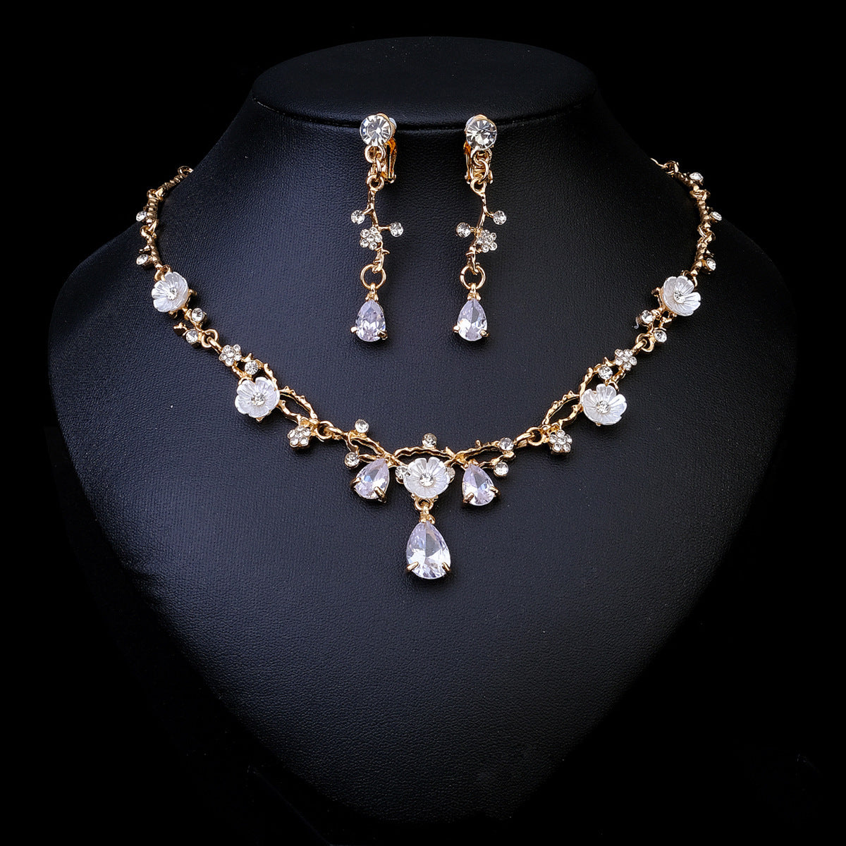 Rhinestone Pearl Earrings And Necklace Set Women