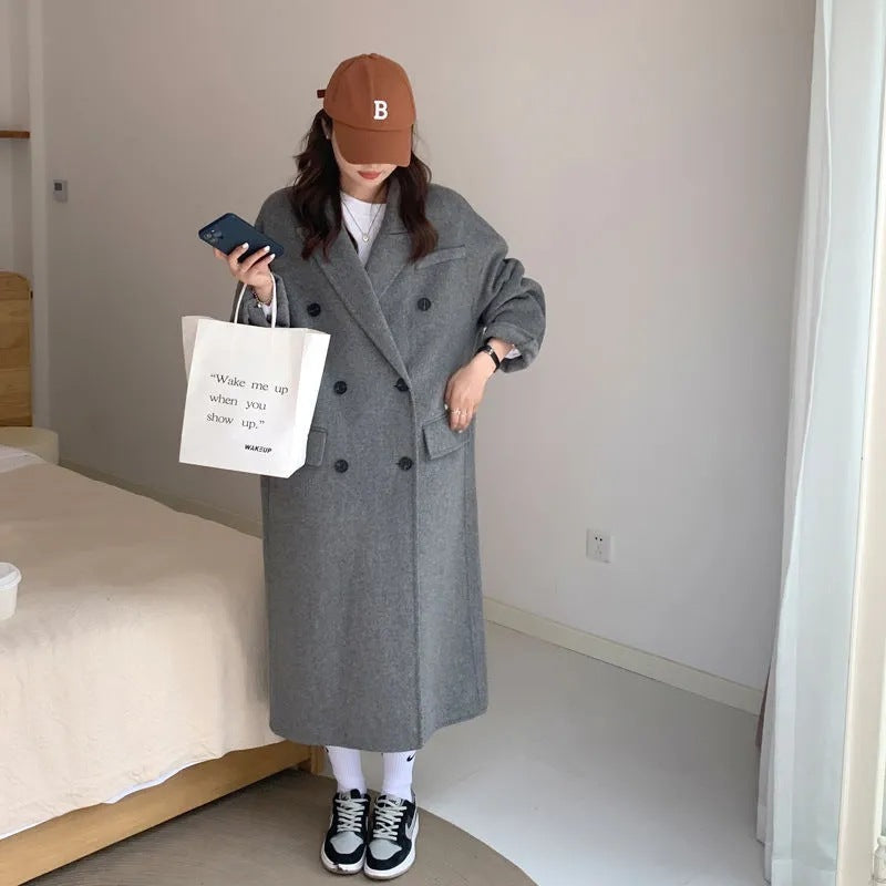 Women's Gray Woolen Plump Girls Loose All-match Coat