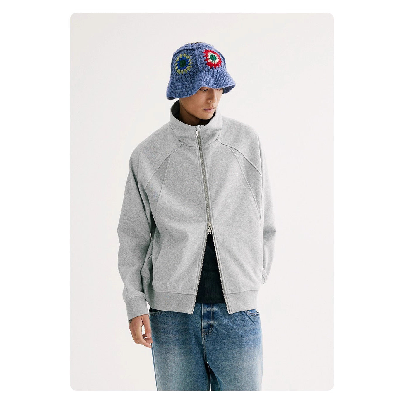 Retro Solid-color Curved-cut Stand-collar Zip-up Hoodie